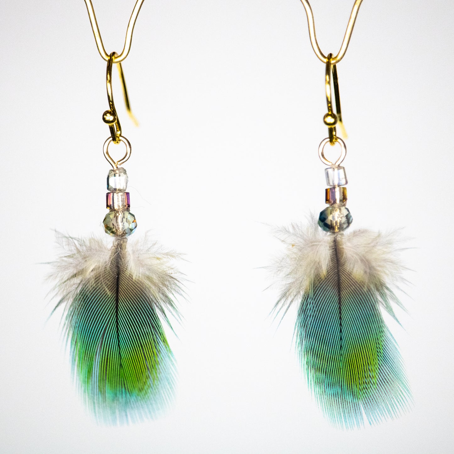 Green and Blue Feather Earrings 18kt Gold Plated Wires EGFBG321