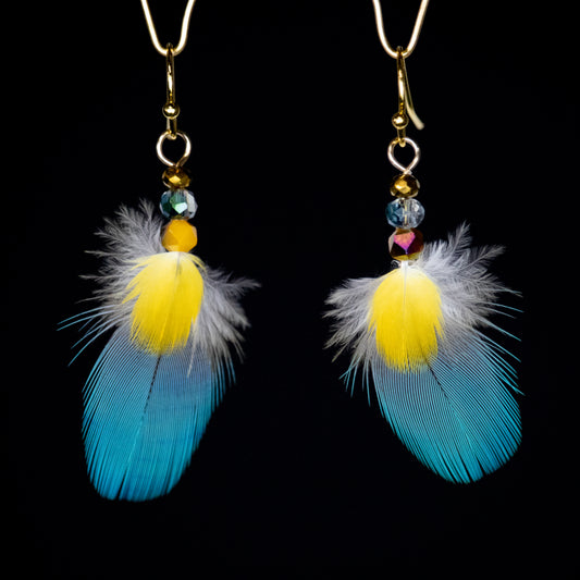 Blue and Yellow Feather Earrings 18kt Gold Plated Wires EGFBY324