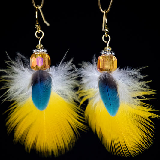 Yellow and Blue Feather Earrings 18kt Gold Plated Wires EGFBY326