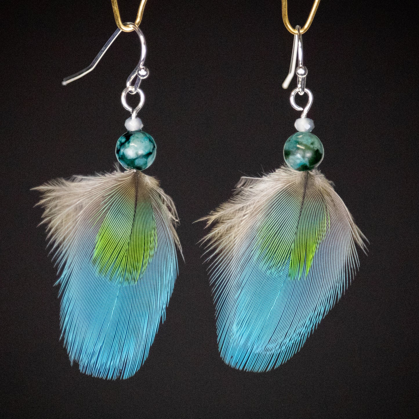 Blue and Green Feather Earrings Sterling Silver Wires ESFBG331