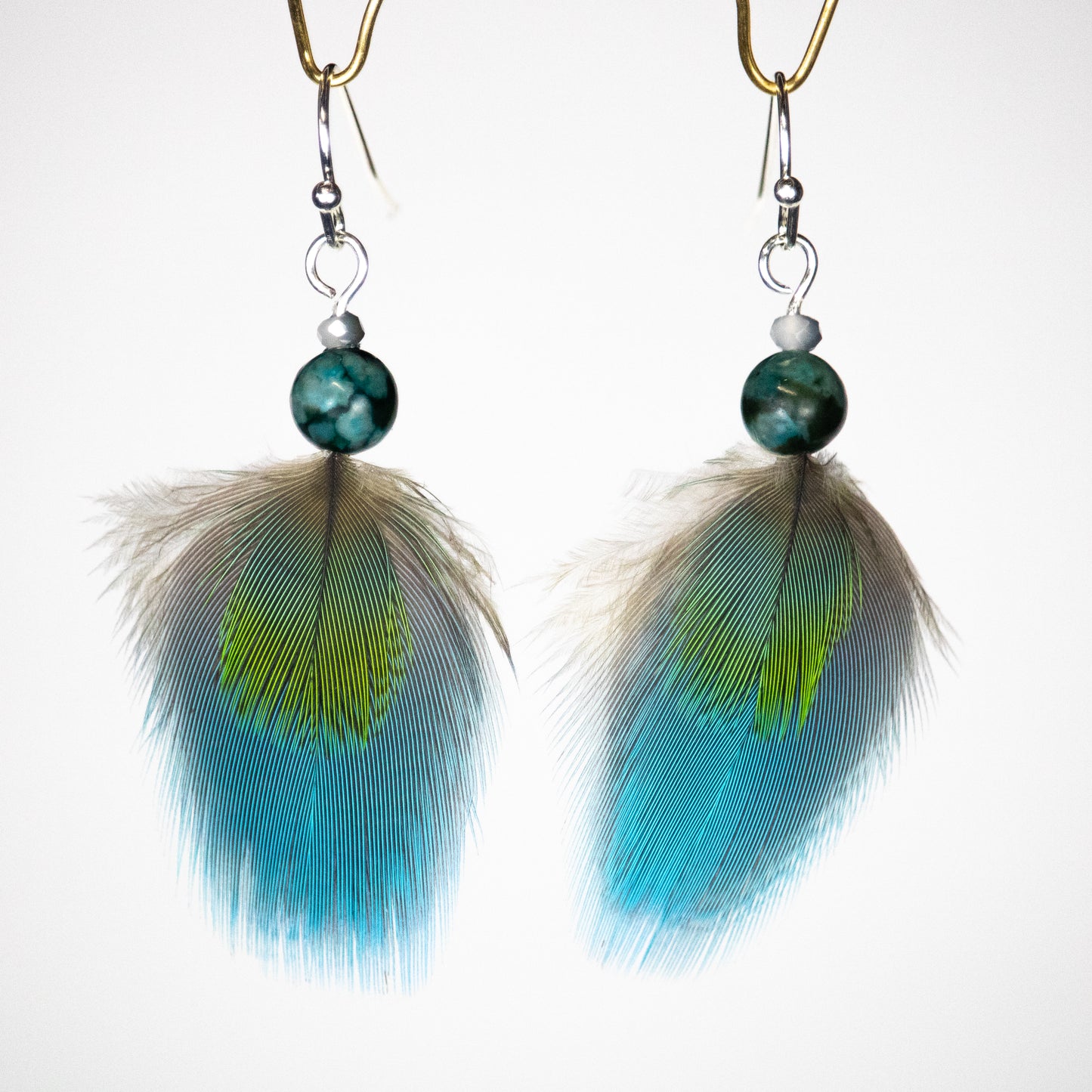 Blue and Green Feather Earrings Sterling Silver Wires ESFBG331