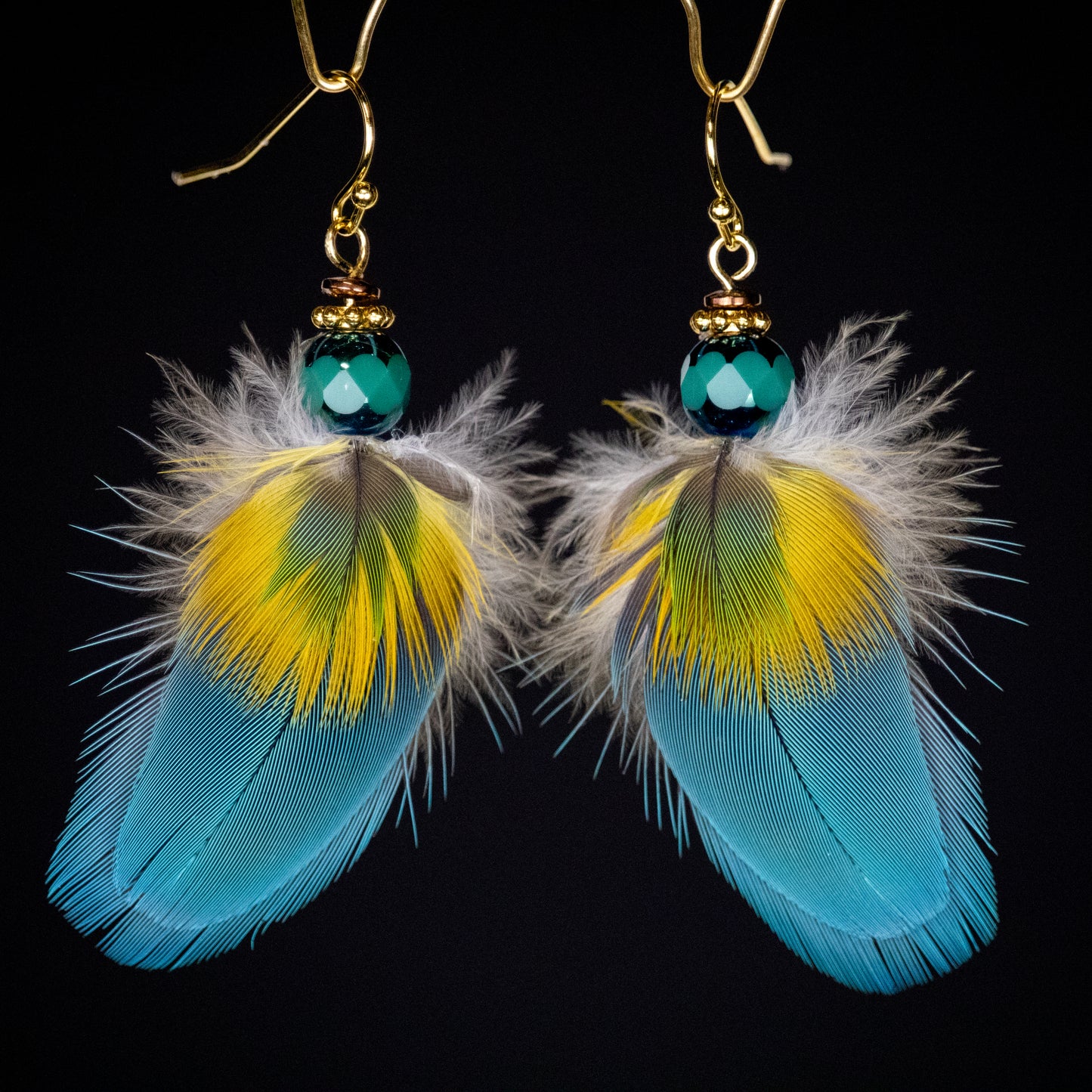 Blue Yellow and Green Feather Earrings 18kt Gold Plated Wire EGBYB335