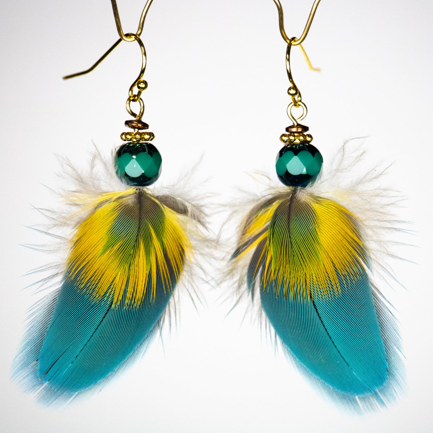 Blue Yellow and Green Feather Earrings 18kt Gold Plated Wire EGBYB335
