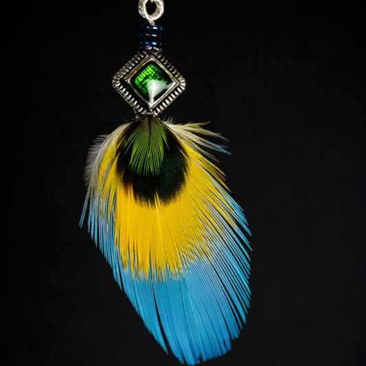 Blue Yellow Black and Green Feather Pendant PSFBYGK359