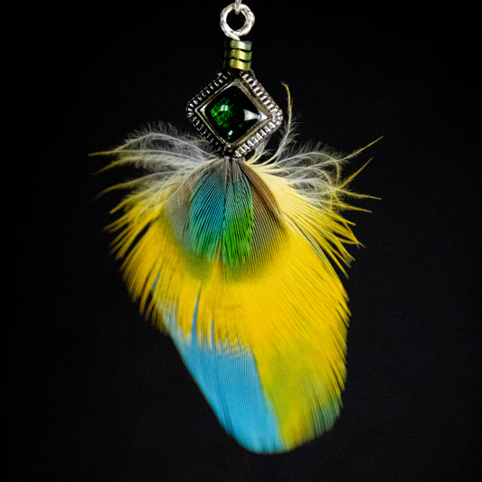 Blue Yellow Black and Green Feather Pendant PSFBYGK360